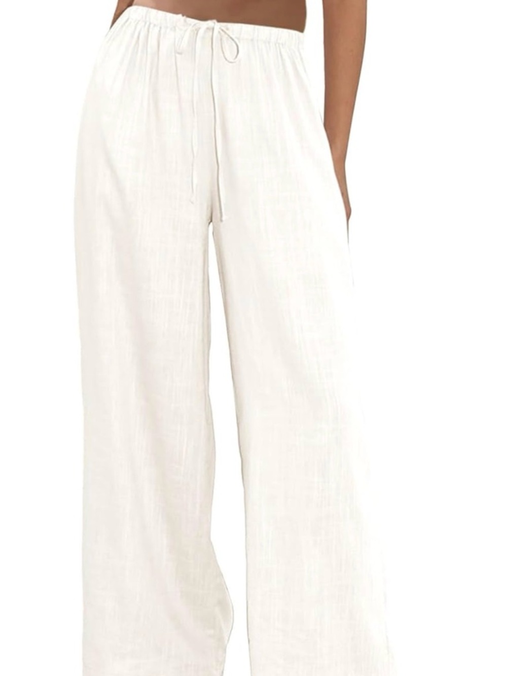 Women's White Linen Wide-Leg Drawstring Pants